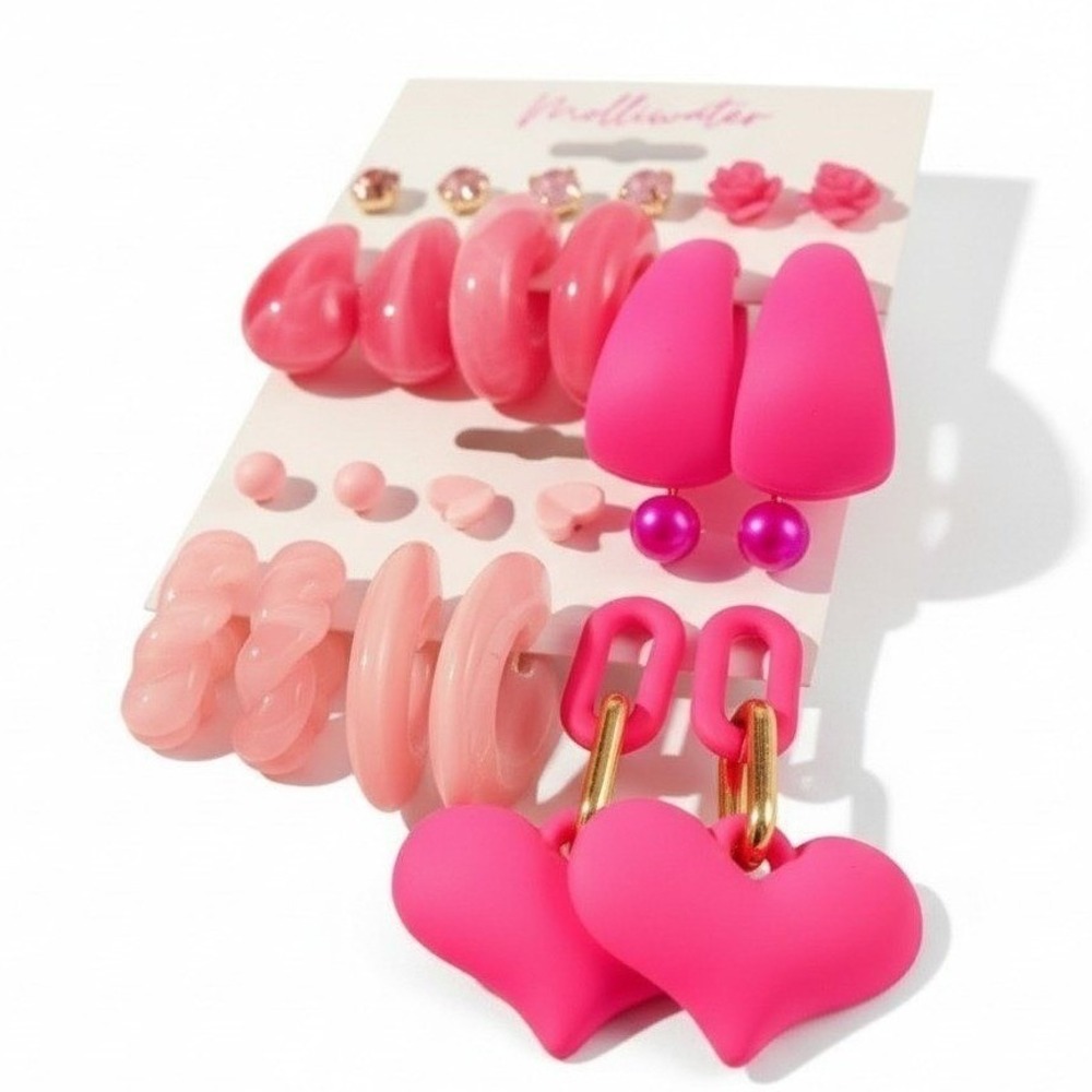 New 24 pieces pink fashion hoop earrings mixed lot set heart marble studs pastel
